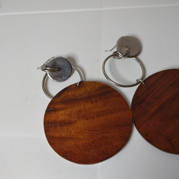 Very Large Wood And Metal Dangle Earrings - Picture 11 of 16